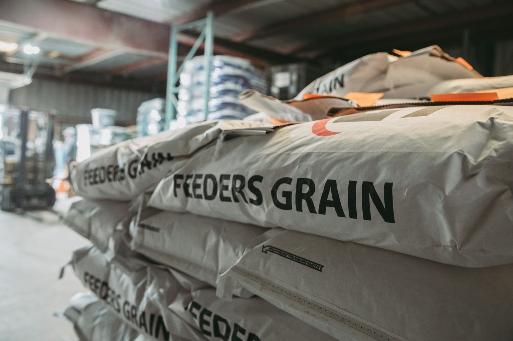 Pallet of livestock feed bagged