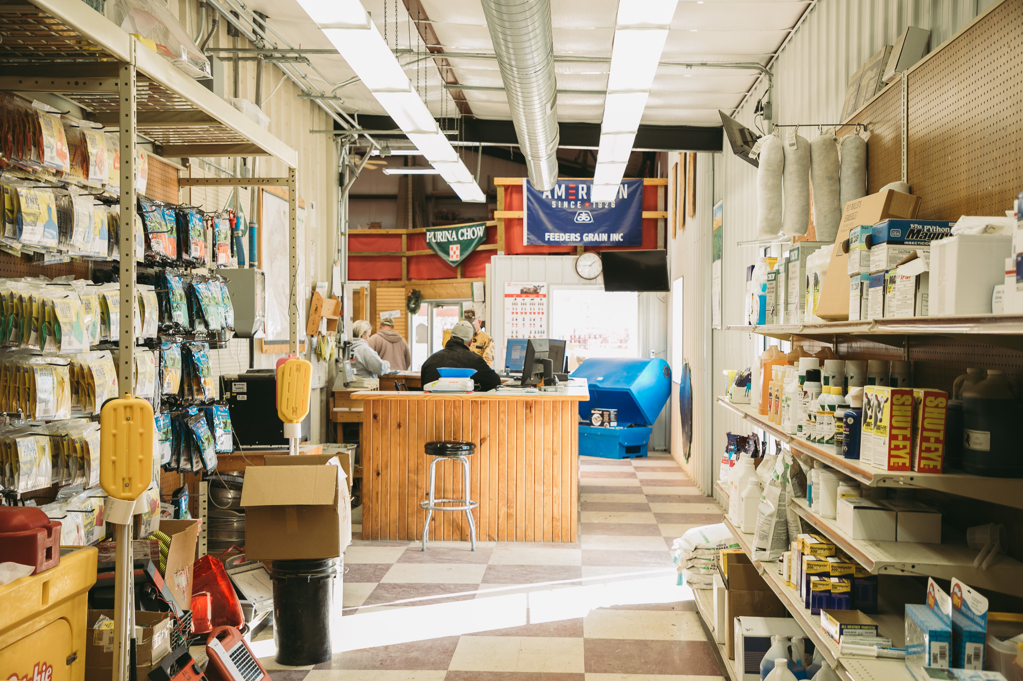 Farm supply store stocked shelves